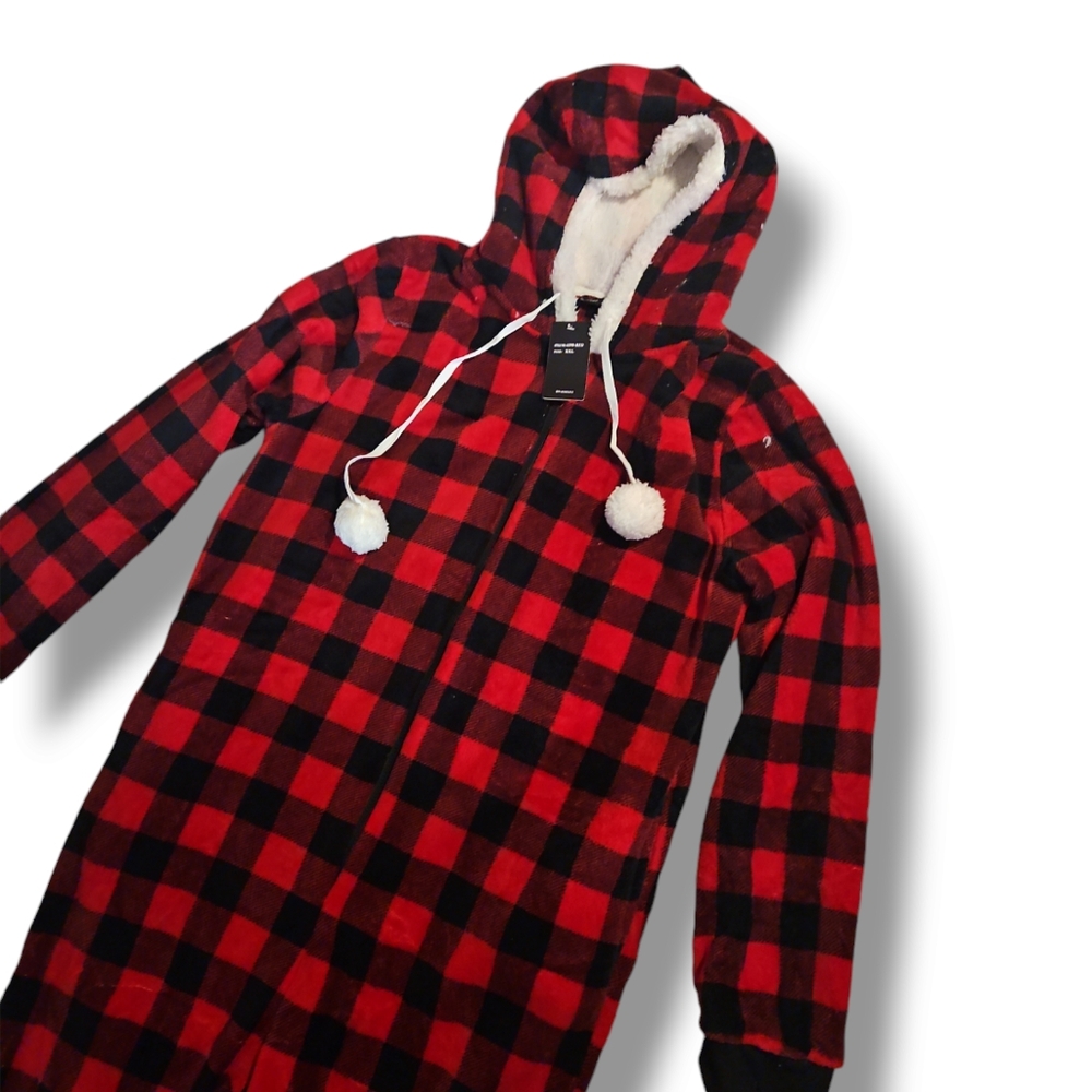 Just Love Buffalo Plaid Adult Onesie Sherpa Lined Hoody